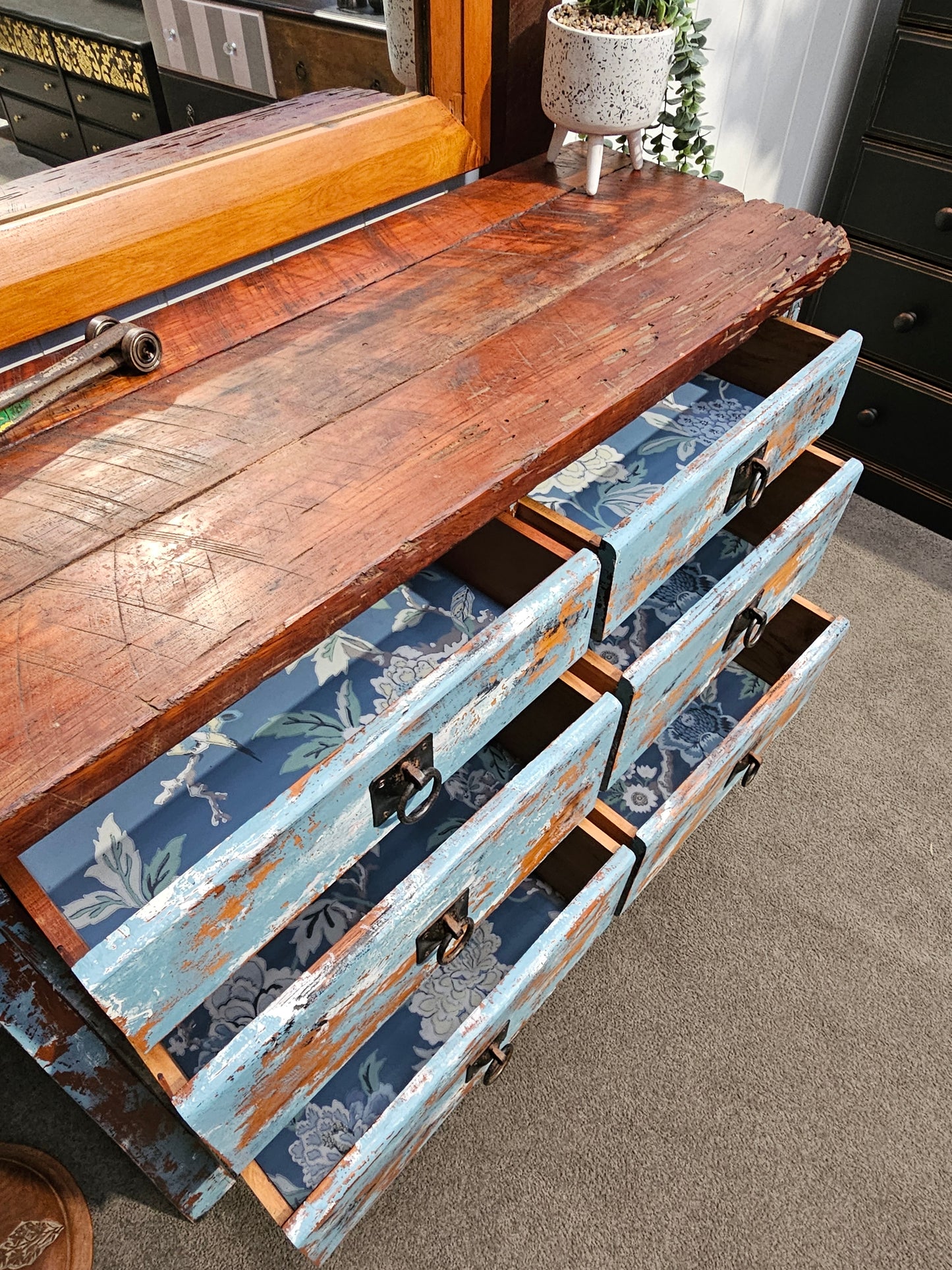 Heavy blue patina